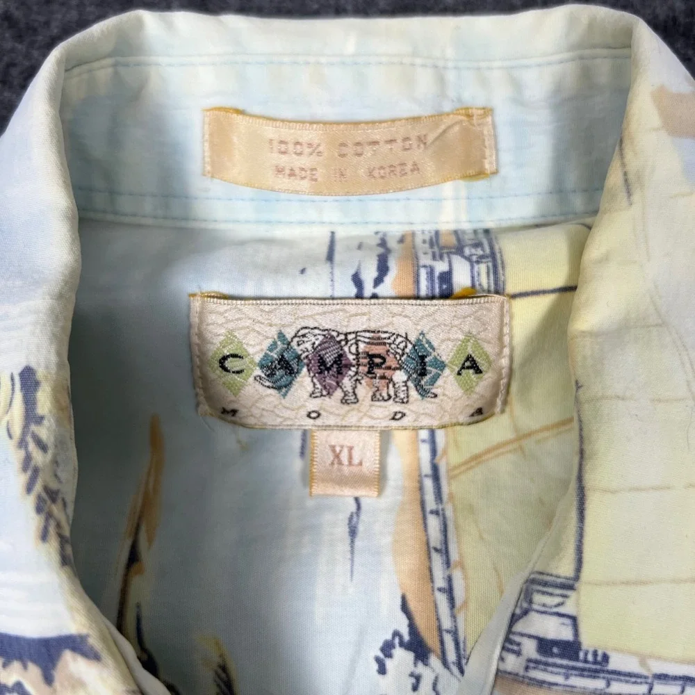 Campia Moda Hawaiian Shirt Mens XL Light Blue Sailboat Palm Tree Tropical Cotton
